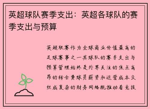英超球队赛季支出：英超各球队的赛季支出与预算